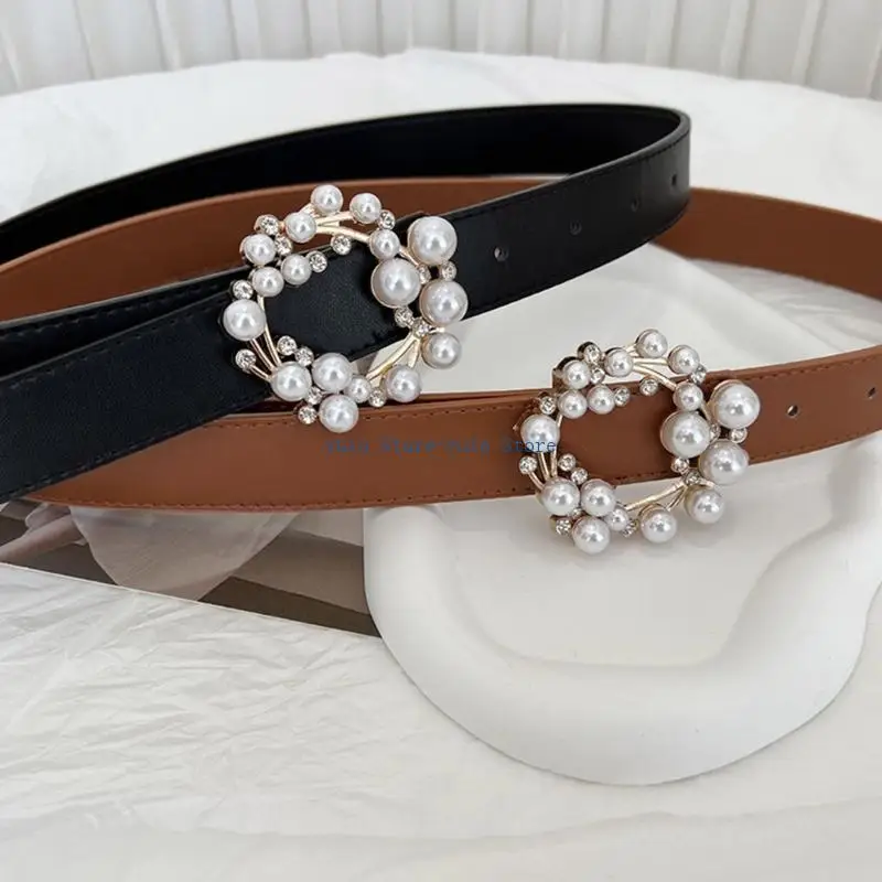 

X7XB Pin Buckle Adult Waist Belt with Pearl Circle Buckle Luxurious Personality Adjustable Waist Belts for Woman Coat Dress