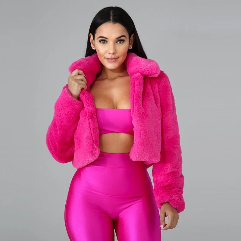

Sexy Pure Color Plush Short Style Candy Coat Fake Fur Pure Color Open Cardigan Wind Ins Hot Sale Commute Style Loose Fit