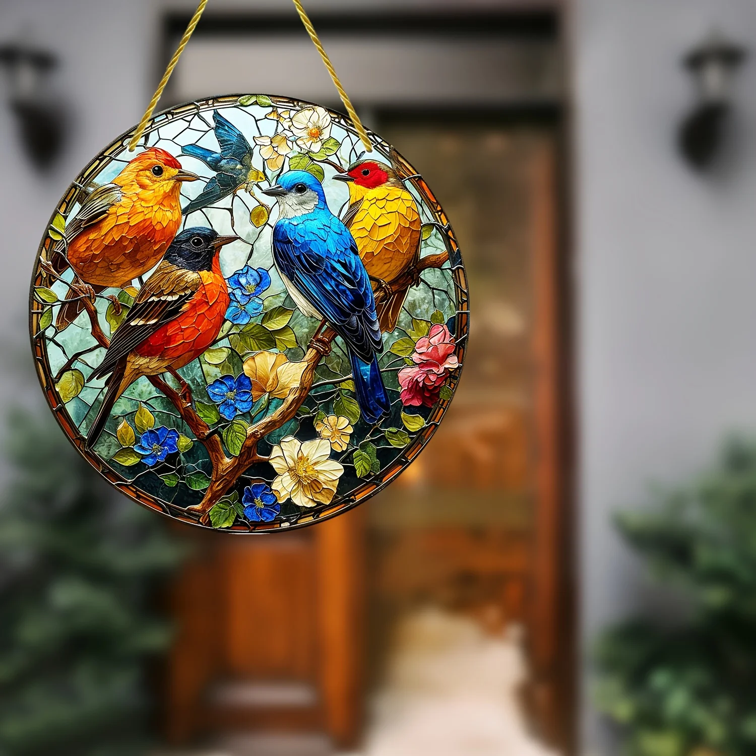 

Vibrant Birds on Branches Stain Window Hanging Sun Catcher-Colorful Acrylic Round Wreath Sign for Garden,House,Home,Door Welcome