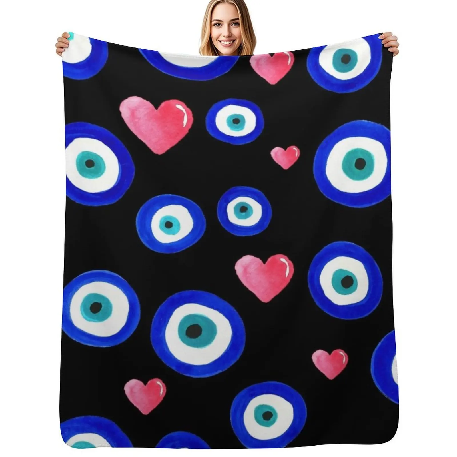 Scattered Evil Eyes & Hearts on black Throw Blanket Thins Loose Flannel Fabric Luxury St Decorative Throw Plaid Blankets