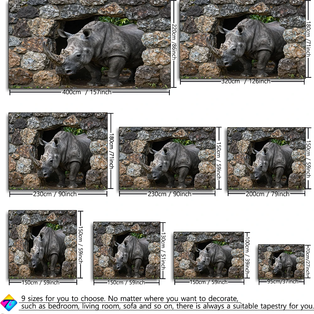 Stone wall rhinoceros tapestry 2D printing machine wash suitable for bedroom, study, living room wall decoration