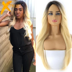 Blonde 613 Ombre Color Synthetic Hair Wigs With Bangs Heat Resistant Fiber X-TRESS Long Wavy Wig Side Part For Women Daily Hair