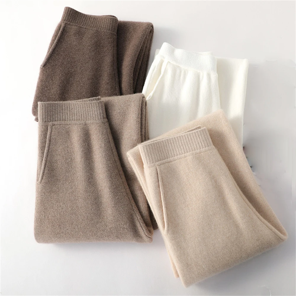 Autumn Winter Wool Pants Women's Elegant Knitted Straight Wide-leg Mopping Pants Korean Version Elastic-waisted Draped Trousers