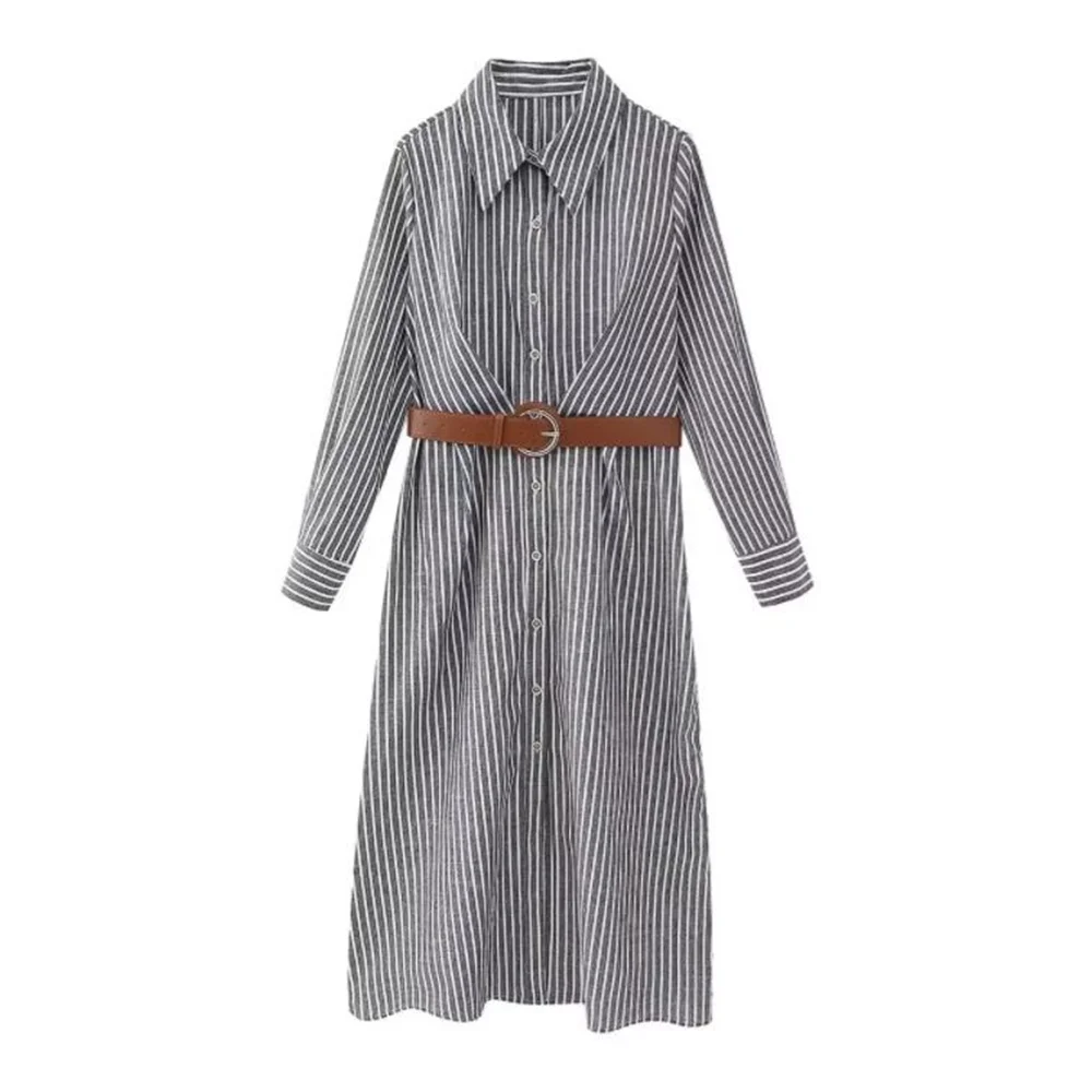 UNIZERA 2023 Autumn/Winter New Product Women\'s New Fashion Casual Matching Belt Stripe Shirt Style Dress