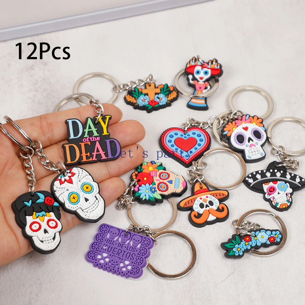 12Pcs Horrible Skull PVC Keychain Day of The Dead Theme Backpack Pendant for Birthday Party Favors Halloween Party Pinata Filler