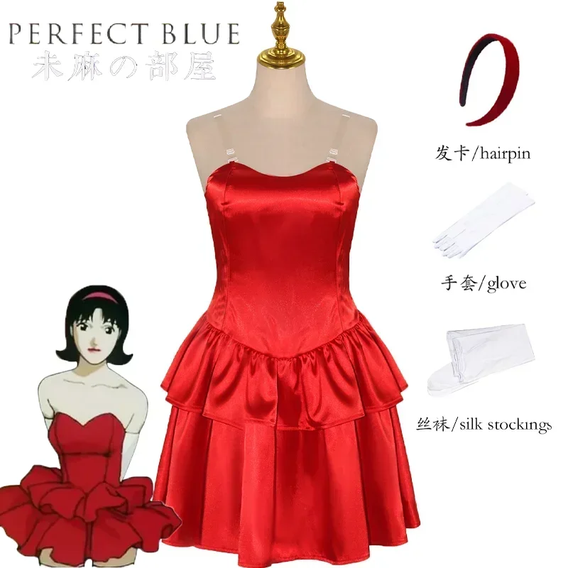 

2025 Perfect Blue Kirigoe Mima Cosplay Costume Red Sexy Dress Hairpin Glove Silk Stockings Full Set Halloween Party Uniform Suit