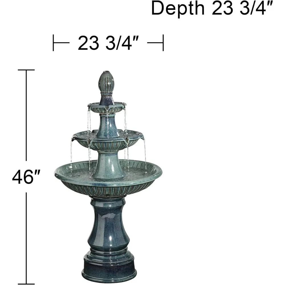 Modern Outdoor Cascading Floor Water Fountain with LED Light 3-Tier Teal Blue Ceramic 46