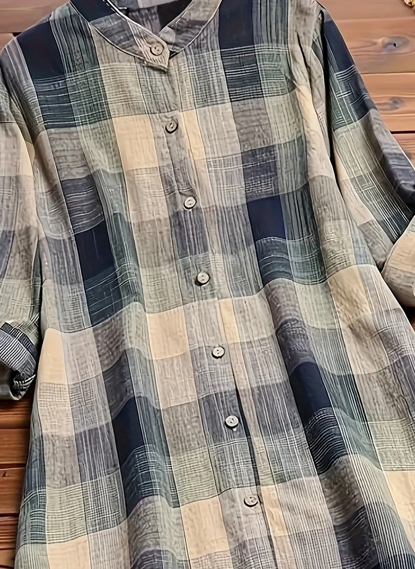 حجم كبير 1XL-5XL المرأة Colorblock شبكة طباعة بلوزة قميص السيدات عادية زر حتى نشمر كم بلوزة المرأة قميص الموضة #4