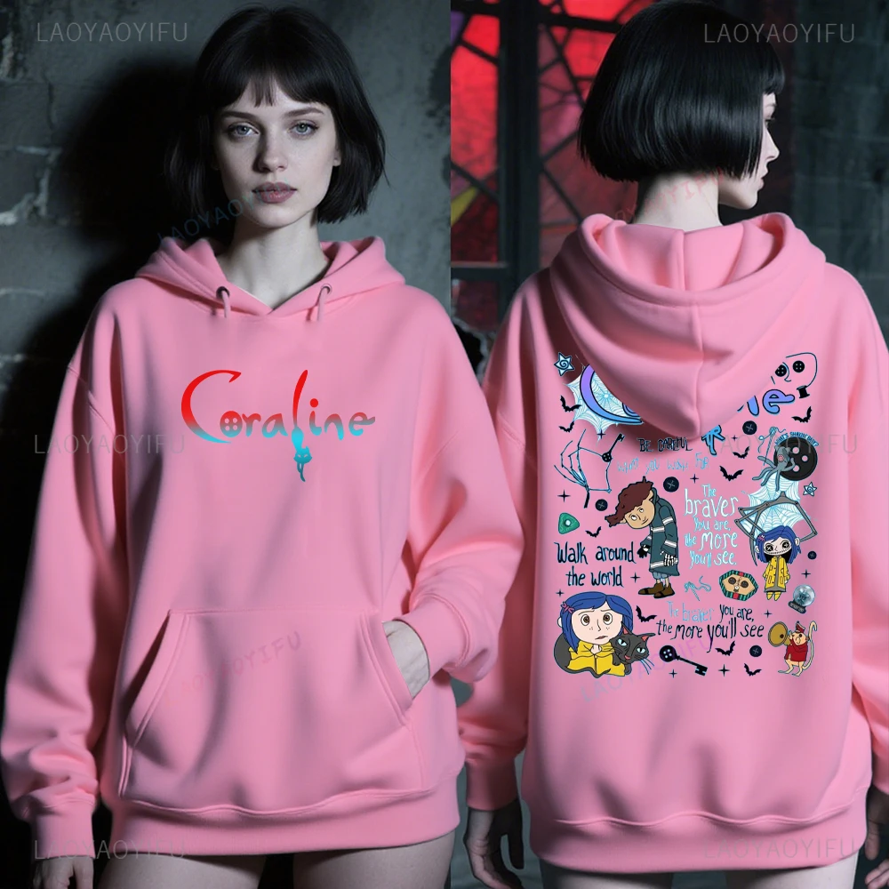 Vintage dessin animé film bouton yeux féminin pull vêtements Coraline graphique à capuche Harajuku femme Blusas femme homme sweat