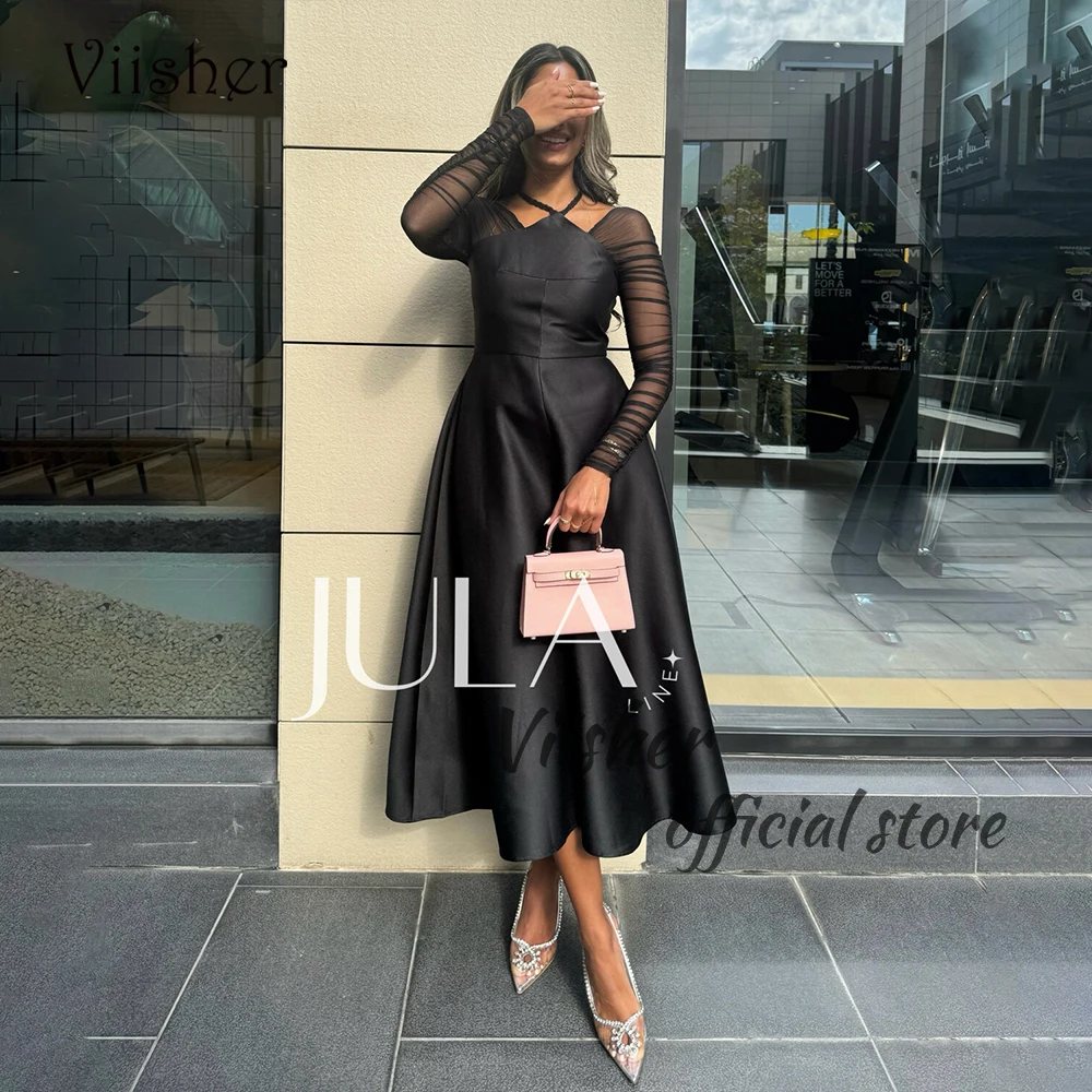 

Viisher Black Satin Mermaid Prom Dresses Long Sleeve Arabian Dubai Formal Evening Dress Ankle Length Occasion Party Gown