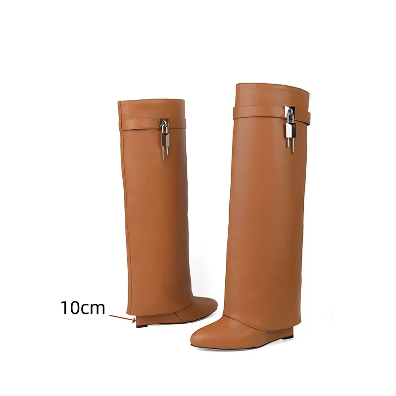 European and American Fashion Wedge Heel Knee Length Sleeve Shark Buckle Long Boots for Women, All Season Round Toe Skirt Boots