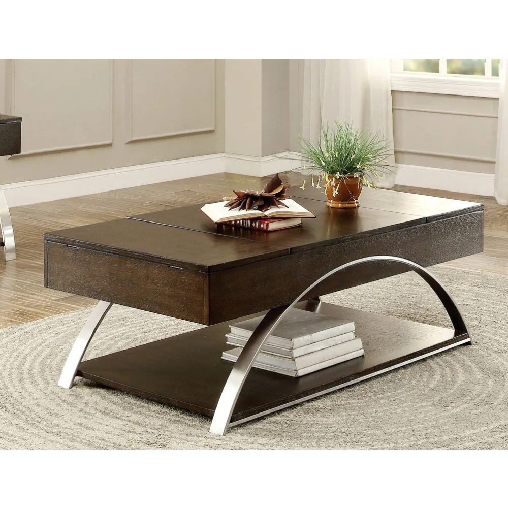 

Modern Living Room Furniture Elevated Coffee Table With Display Shelf Espresso Finish Wood Chrome Metal Finish,coffee Table