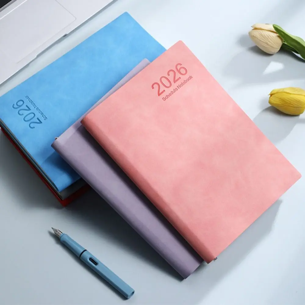 Cuaderno con horario A5 2026 de 365 días, cubierta de cuero PU, planificador de horario de papel grueso, Bloc de notas resistente al desgaste con marcapáginas de cinta