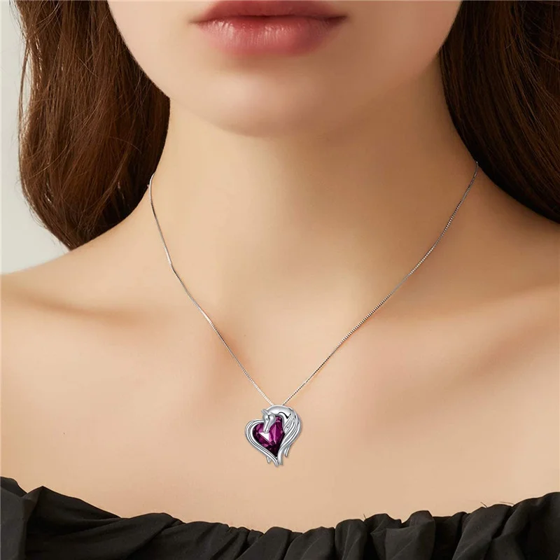 2 style Silver Horse in Heart Pendant Necklace Animal Jewelry Gift for Teen Girls Lovers Embellished with Crystals