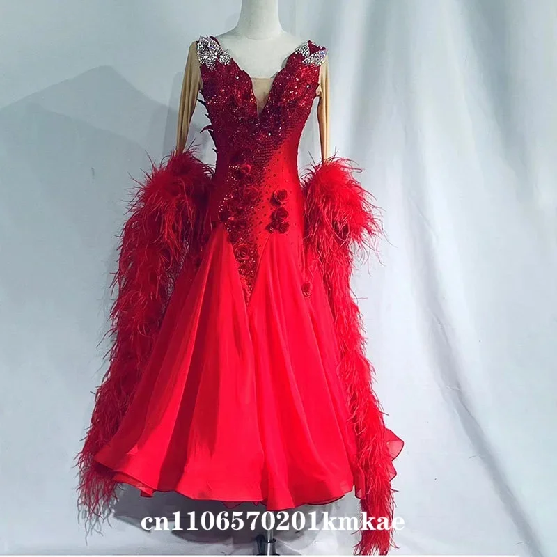 Red Feather Rhinestone Ballroom Dance Dress V Neck Long Sleeve Tango Waltz Competition Costume for Women