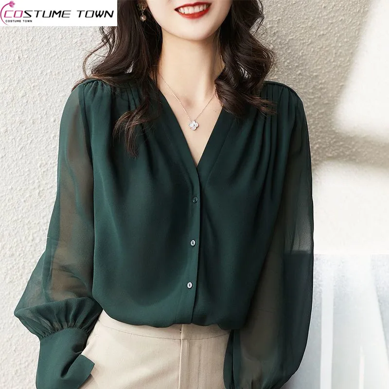 Long-sleeve Shirt Women\'s Spring and Autumn 2023 New French V-neck Design Sense Top Temperament Loose Chiffon Shirt