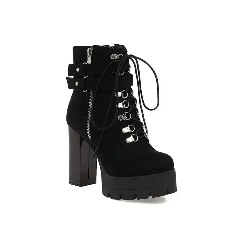 

Winter New Olive Army Green Block High Heels Platform Womens Boots Oversize Goth Punk Riding Ankle Boots Big Size 45 46 47 48