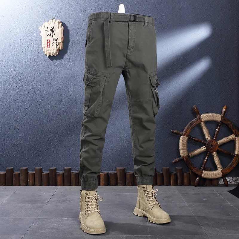 

Spring New Elastic Waist Army Green Loose Straight Ankle-Tied Overalls Men's Korean-Style Outdoor Trendy Stretch Casual Pants