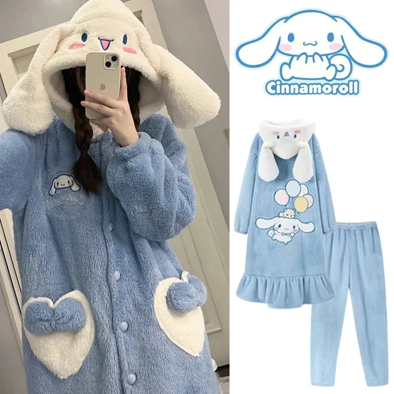 Sanrio Cinnamoroll Pajamas Cartoon Sweet Nightgown Women Plush Thicken Homewear Winter Flannel Warm Clothes Girl Kawaii Bathrobe