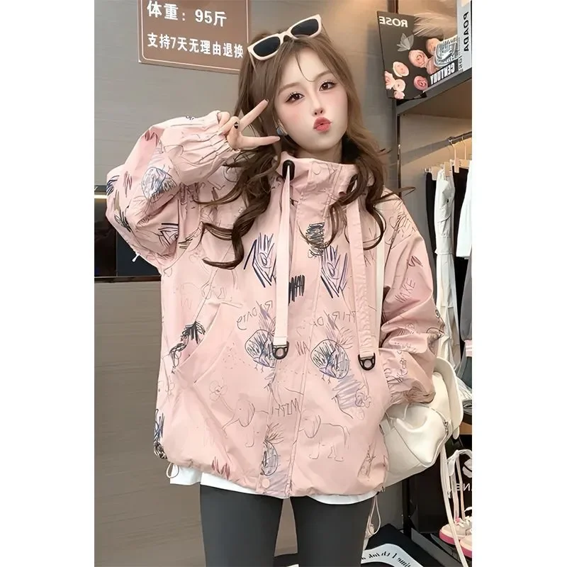 ملابس النساء ربيع الخريف موضة عادية الطباعة سستة الوقوف طوق الإناث كل مباراة تظهر رقيقة فضفاضة سترة معطف علوي