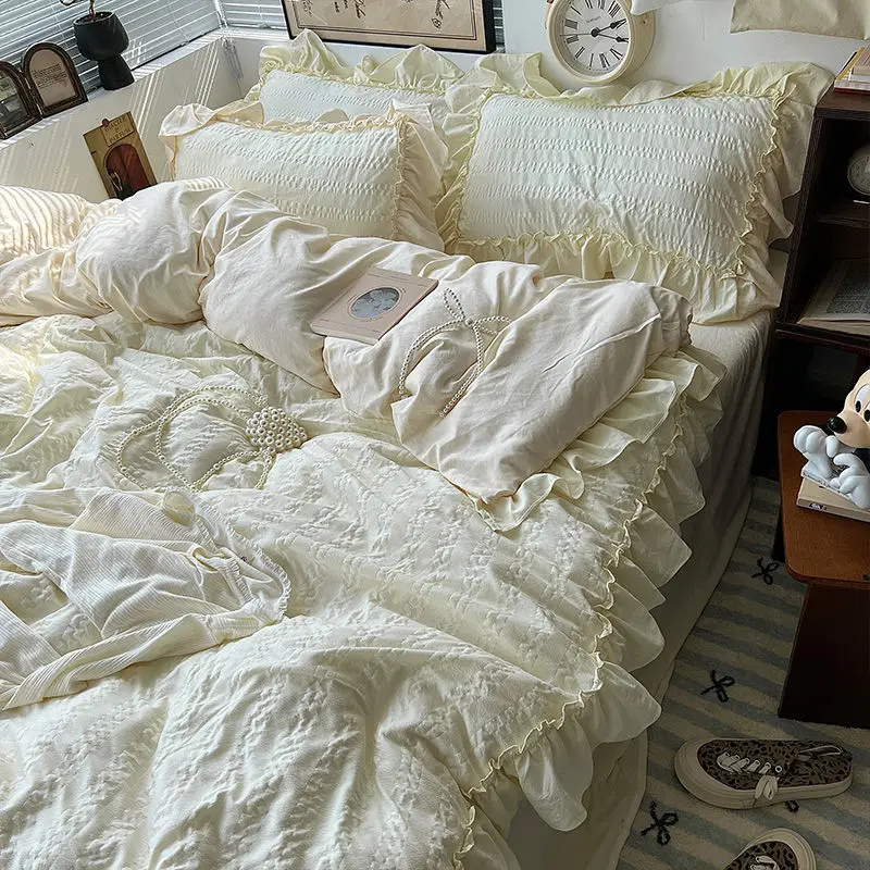 Comforter Sets Princess Style Korean Ins Solid Color Bed Sheet Washed With Cotton Edge And Soaked With Gauze Bed Linen