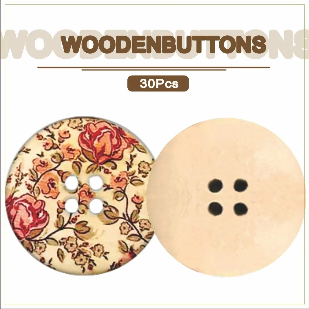 

30Mm painted printed wood buttons, round four-eye clothing buttons, beautiful decorative wood buttons 30 in a pack
