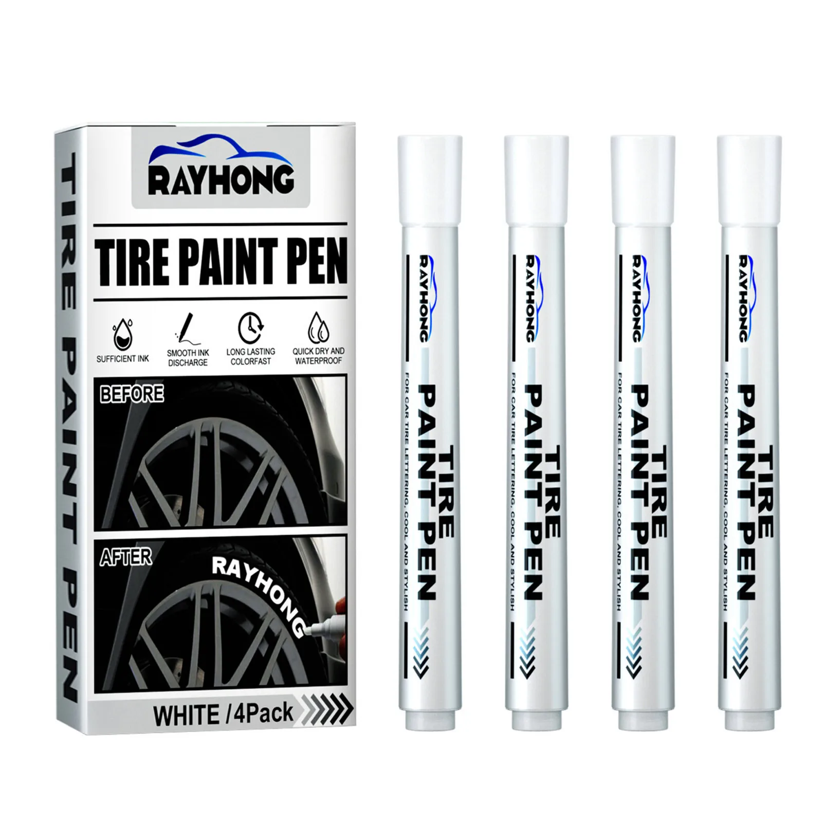 4 Pieces White Marker Pen Waterproof Car Tyre Tire Tread Tire Paint Pen Marker DIY Art Drawing Pen Tool Car Decoration