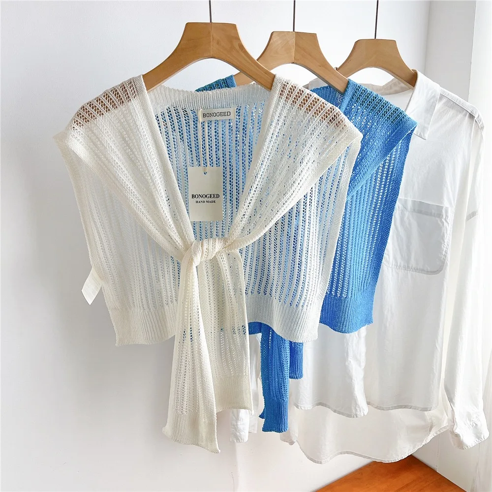 Women Plain Solid Lace Hollow Out Shawls Summer Air Conditioning Fake Collar Neck Guard Knit Thin Knotted Cape Shoulder Scarves view 4
