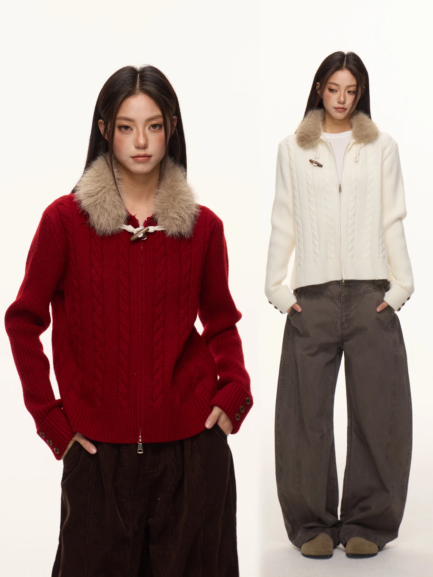 

Nova B Red Knitted Sweater with Fur Collar Slim Fit Casual Warm Cardigan Outerwear for Women Spring Season Long Sve Zipper