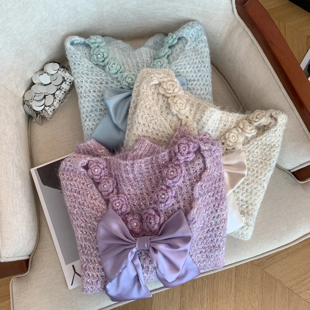 여성용 퍼플 3D 플로럴 점퍼 풀오버 스웨터 빈티지 2000년대 Y2K 감성 니트웨어 긴 소매 브이넥 리본 스웨터 가을 2025