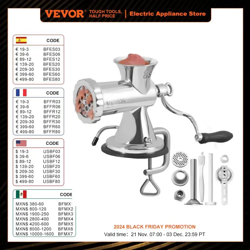 VEVOR Manual Meat Grinder 304 Stainless Steel Hand Meat Grinder with Suction Cup + Steel Table Clamp Meat Mincer Sausage Maker