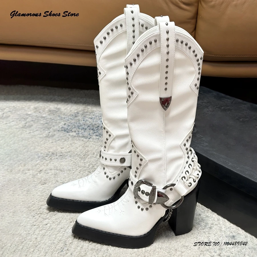 

Новое поступление 2023 года, сапоги-ковбойки с заклепками, весенне-осенняя повседневная обувь с пряжкой на ремне, сапоги до колена на танкетке с острым носком в стиле ретро