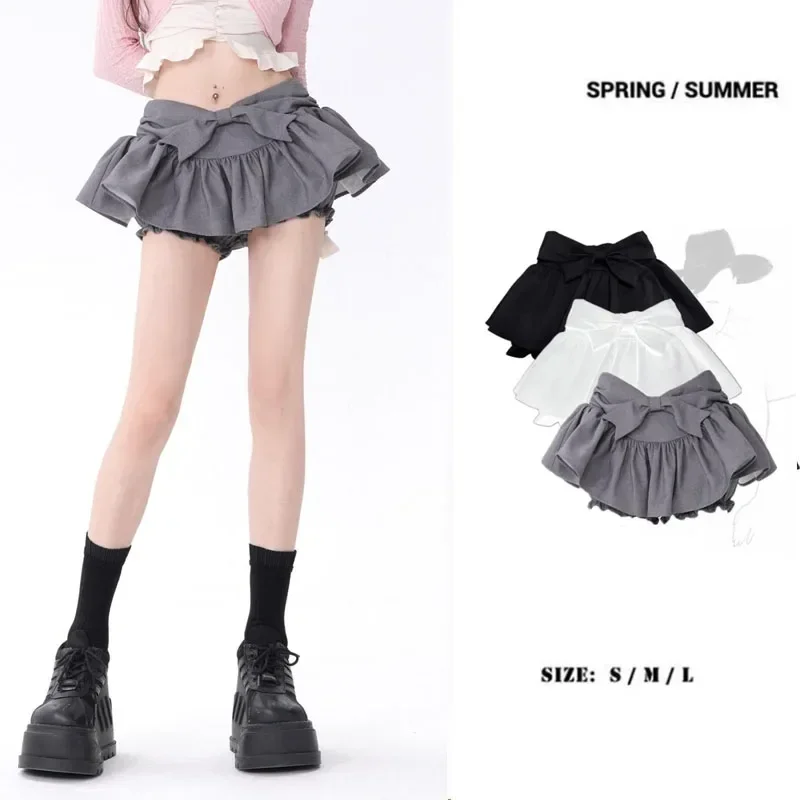 Bow Grey Fluffy Skirt Sweet Cute Women Slim Low-waisted Ruffled Edge Preppy Style Korean Fashion Pure Desire Summer DropShipping