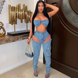 Sexy Denim Birthday Outfits for Women 2 Piece Set Rave Nightclub Party Strapless Crop Top and Cut Out Jean Pants Matching Sets