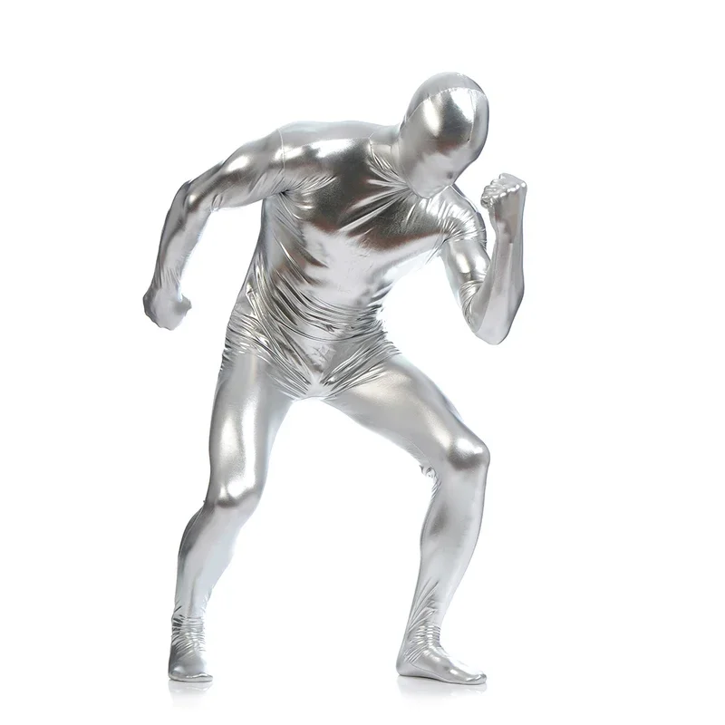 Spedizione gratuita lucido metallizzato zentai Spandex bianco lucido Mens Unitard Catsuits cerniera con piedi metallici Zentai body personalizzato