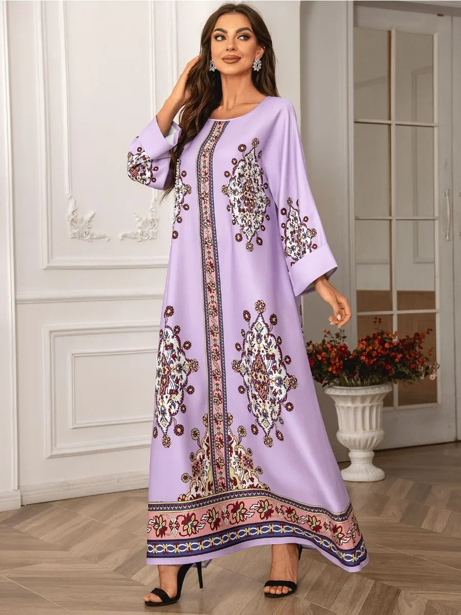 Eid Beading Muslim Party Dress Women Ramadan Abaya Long Dresses Print Morocco Kaftan Vestidos Largos Dubai Robe Jalabiya 2024