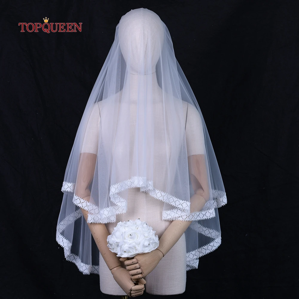 TOPQUEEN V165 kerudung pernikahan 2 tingkat, dengan perona pipi panjang ujung jari kerudung minimalis pengantin perempuan Swiss Voile renda perbatasan pendek Veu