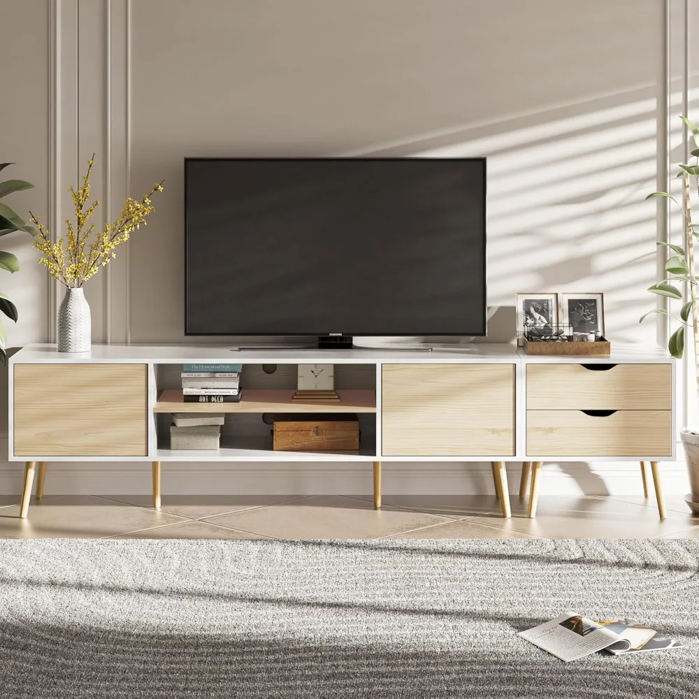 Suporte de TV para TVs de até 90 polegadas, centro de entretenimento para mesa de console de TV de 80 90 95 polegadas com 2 armários de armazenamento