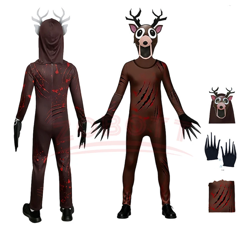 Mono de Cosplay de ciervo para 99 noches en los bosque, disfraz para niños, mono de poliéster, máscara, guantes, conjunto de mono de Halloween, ropa de espectáculo