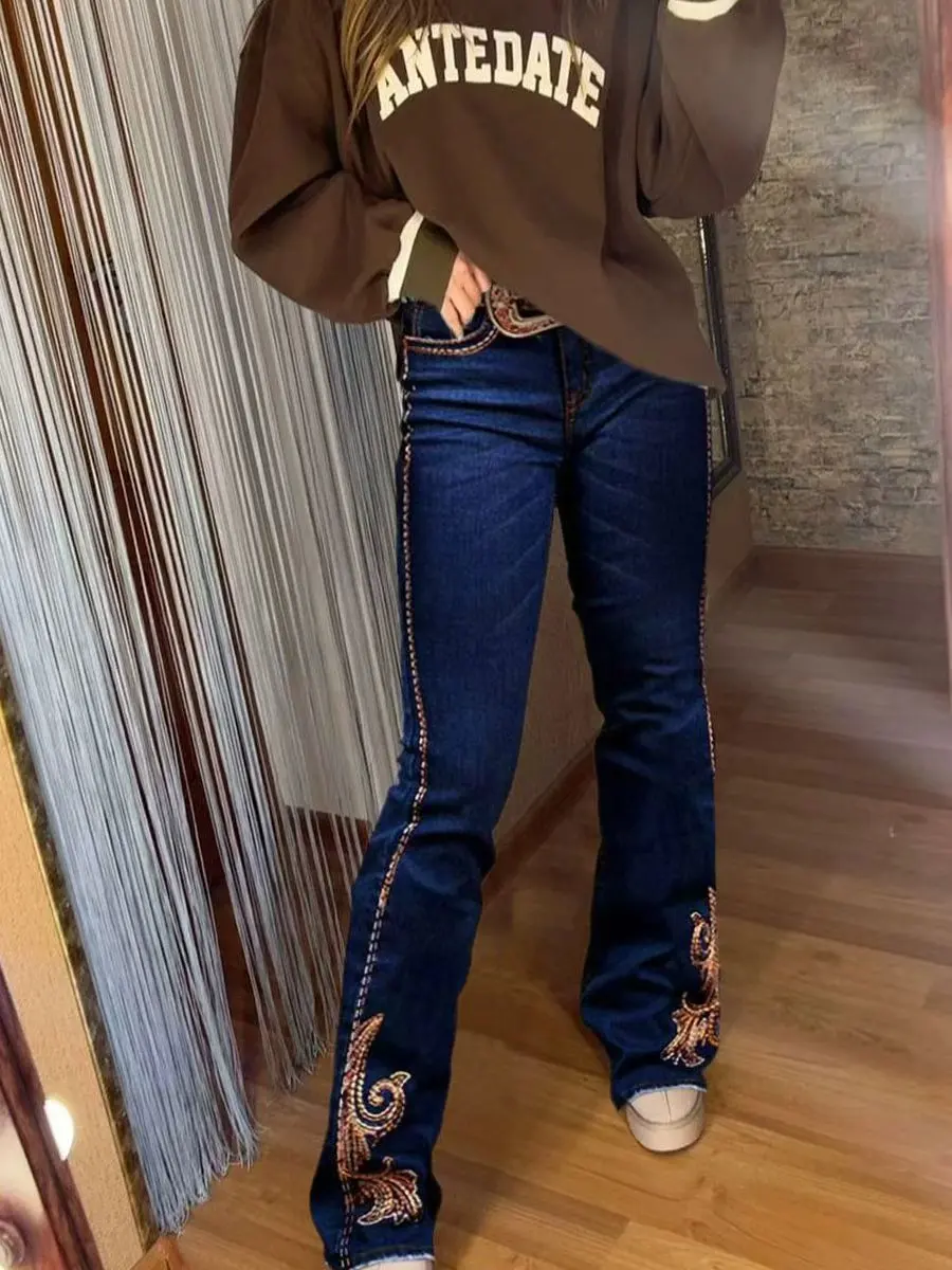 

Женские узкие джинсы для похудения, расклешенные в стиле ретро, со средней талией, повседневные, эластичные, в западном стиле, вышитая отделка, длинные джинсовые брюки