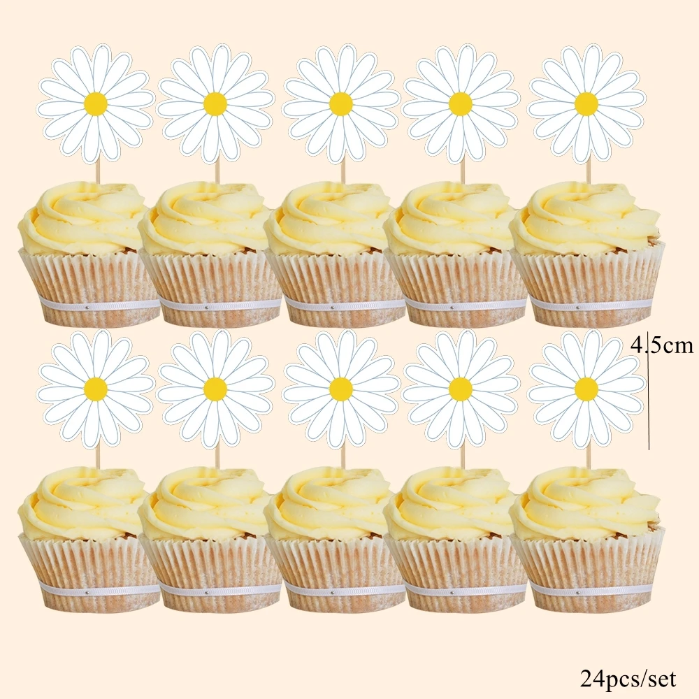 1set White Daisy Paper Cupcake Toppers Hanging Banners For Daisy Birthday Spring Party Decoration Wedding Gifts Wrapping Supply