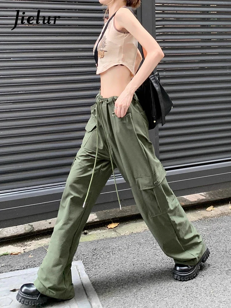 

Jielur New Hong Kong Style Retro Pocket Drawstring Workwear Pants High Waisted Fitting Women Straight Leg Wide Leg Pants Female