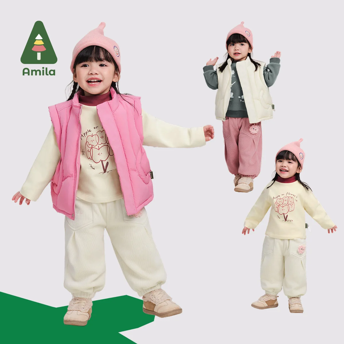 Amila Baby Trousers 2024 Winter New Contrast Color Girls Solid Color Cute Warm Plus Velvet Skin-Friendly Children\'s Casual Pants