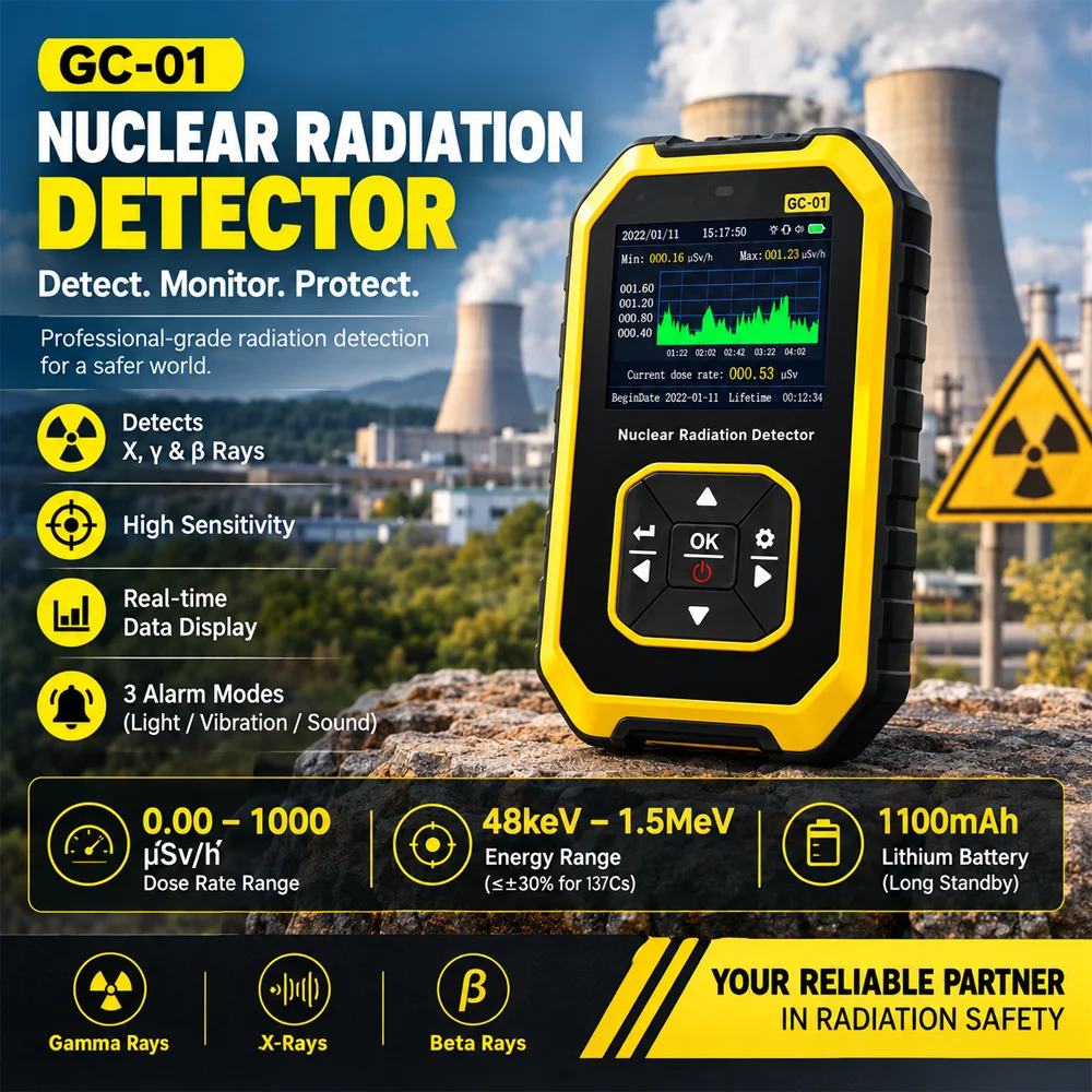 GC-01 Geiger Counter Nuclear Radiation Detector, 1100mAh Rechargeable, Detects Beta, Gamma & X-Ray, 0.00-1000μSv/h Dose Rate
