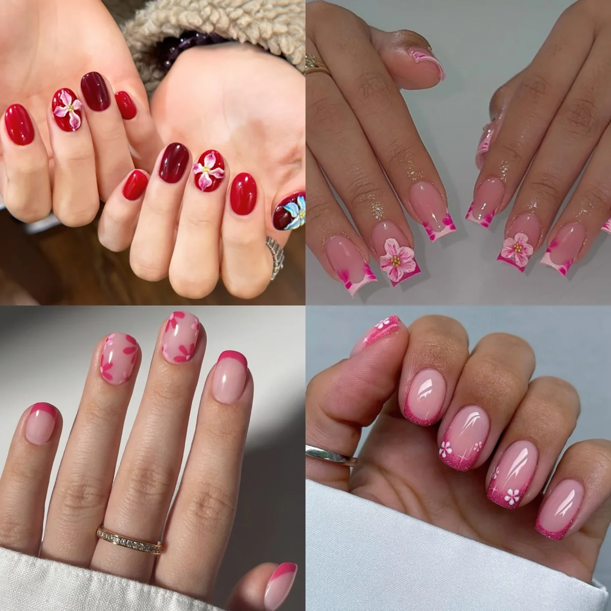 

Red Flowers Square False Nails Art Ballet Fake Nails Shiny Rhinestones Pearl Bead Press on Nails Elegant Charms Manicure Tools