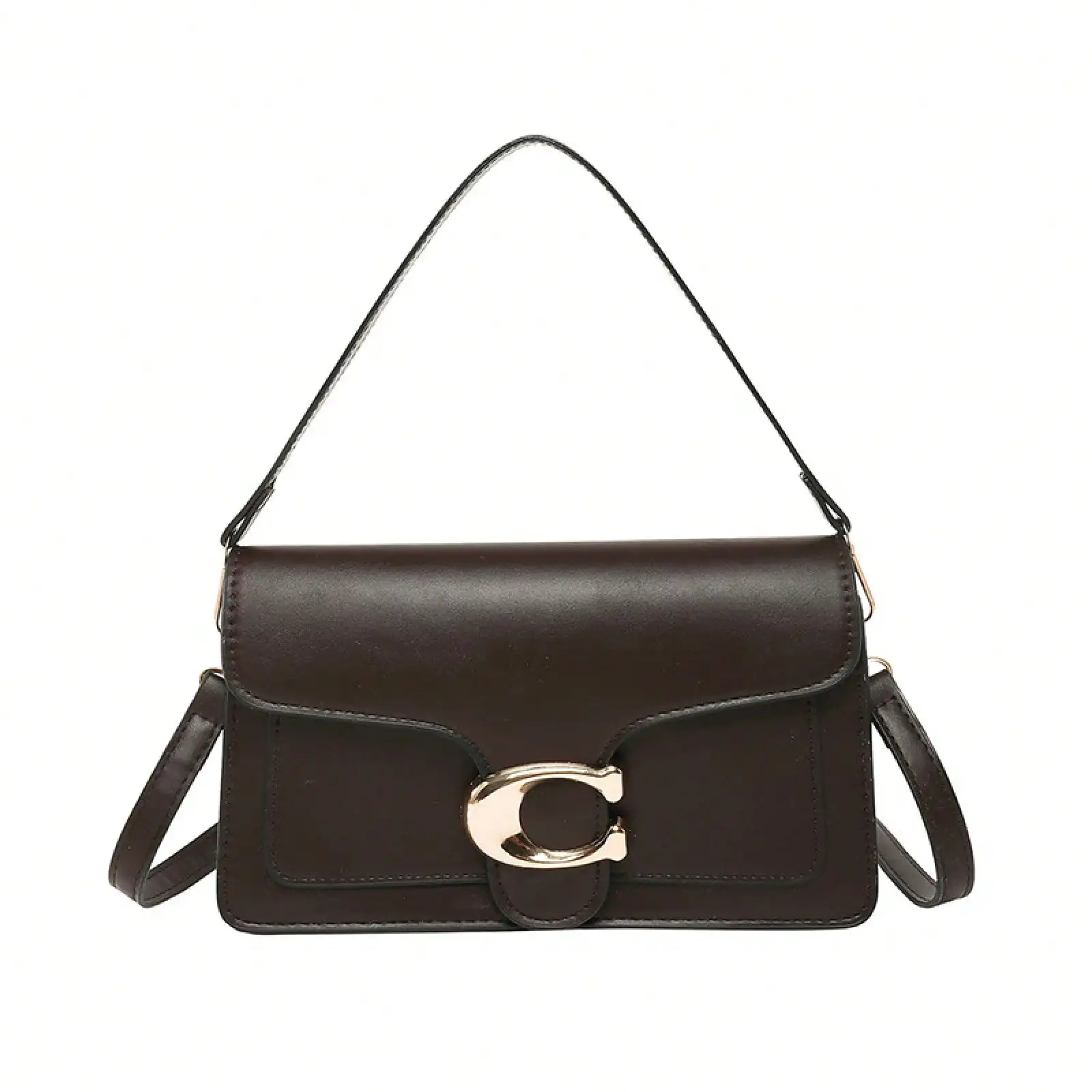 

Vintage Brown Shoulder Bag, Women's Faux Leather Handbag With C-Shaped Buckle, Classic Crossbody & Top Handle Bag For Daily Use