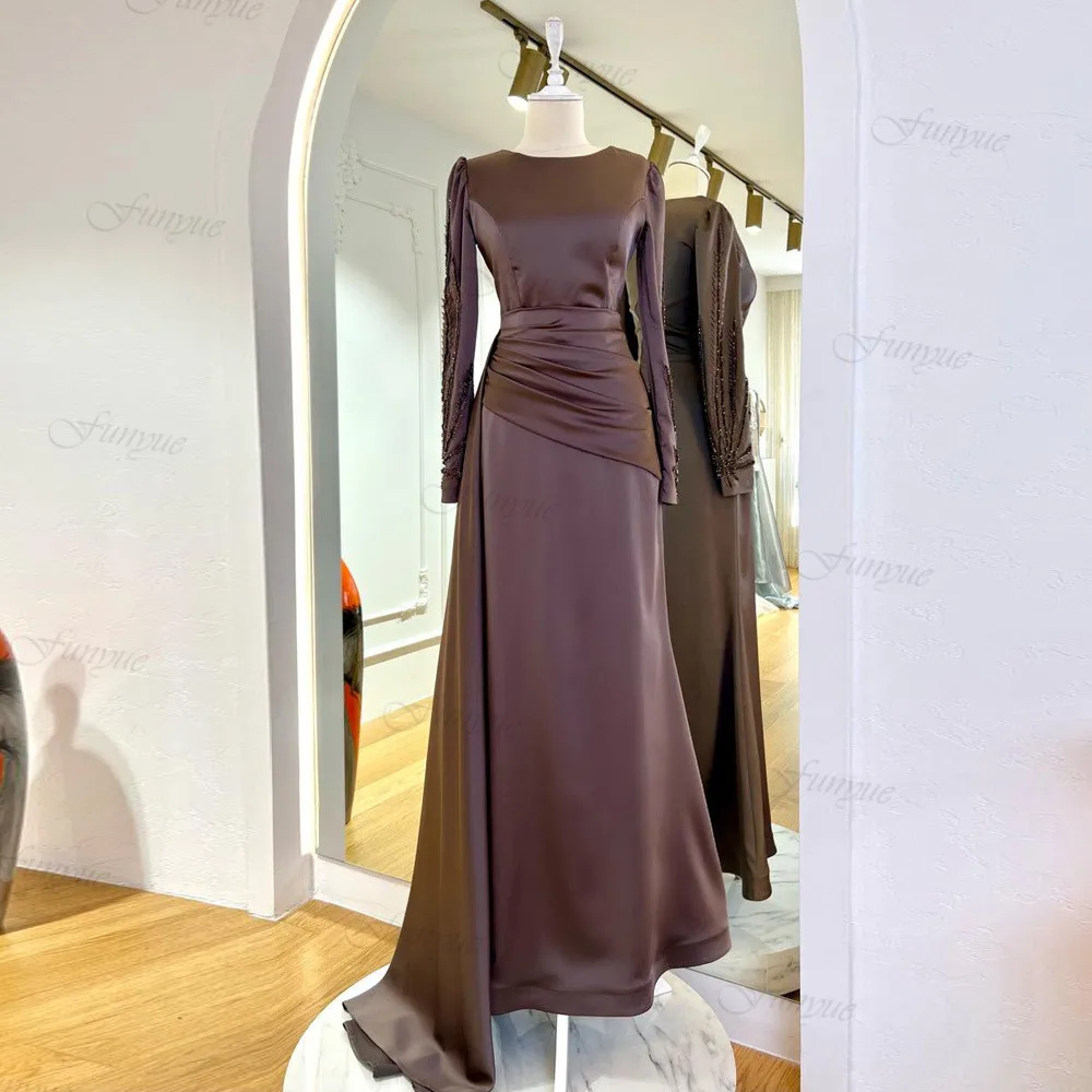 

Glitter Long Sleeves Evening Dresses Mermaid Robe De Soiree Arabia Muslim Formal Dress Satin Pleated Prom Party Gowns