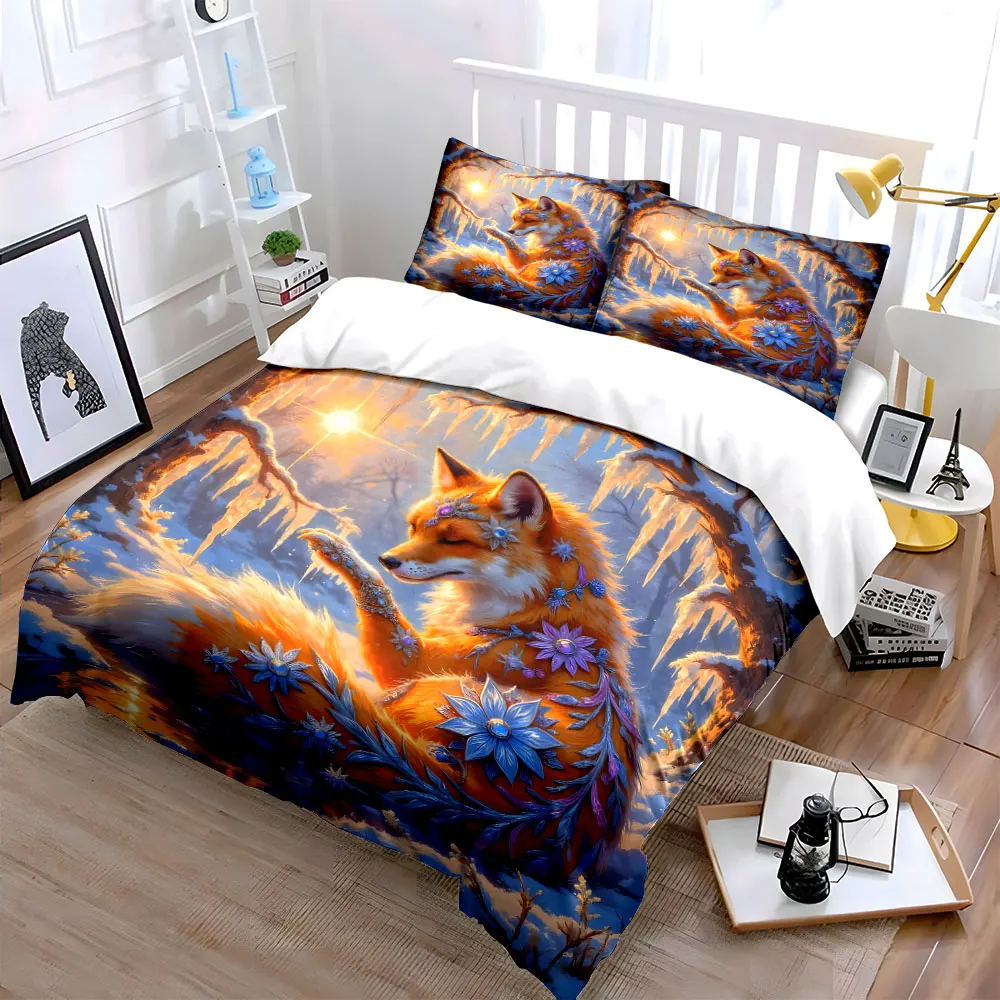 Fox with icy floral adornments Print Bedding Set 1 Duvet Cover 2 Pillowcases for Adult and Children Luxury Gift Full Size