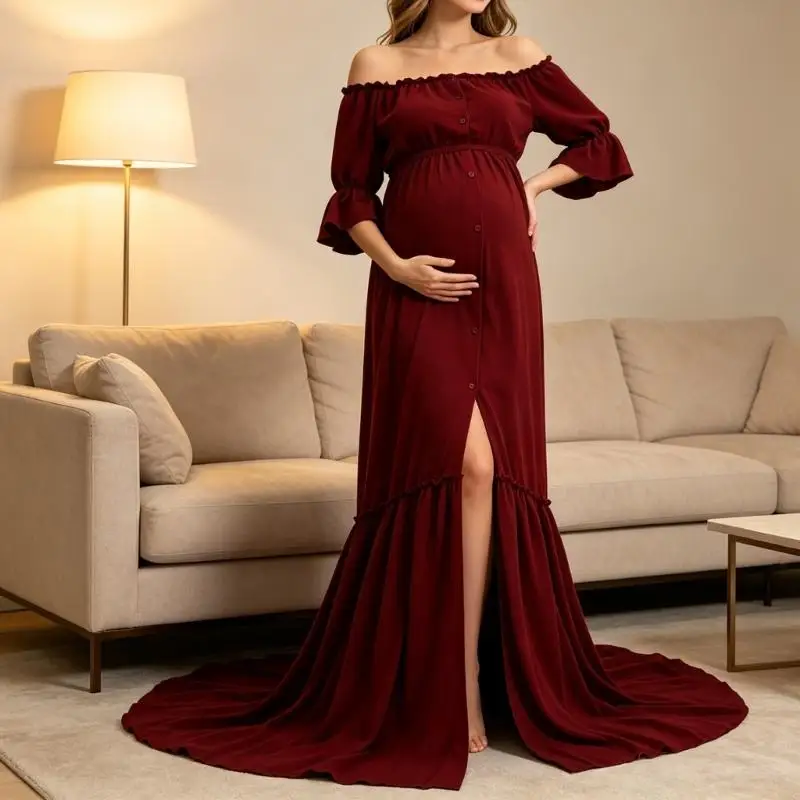 Maternity Maxi Dress for Women Off Shoulder Puff Sleeve Waist Button Front Ruffle Trim Casual Long Dress