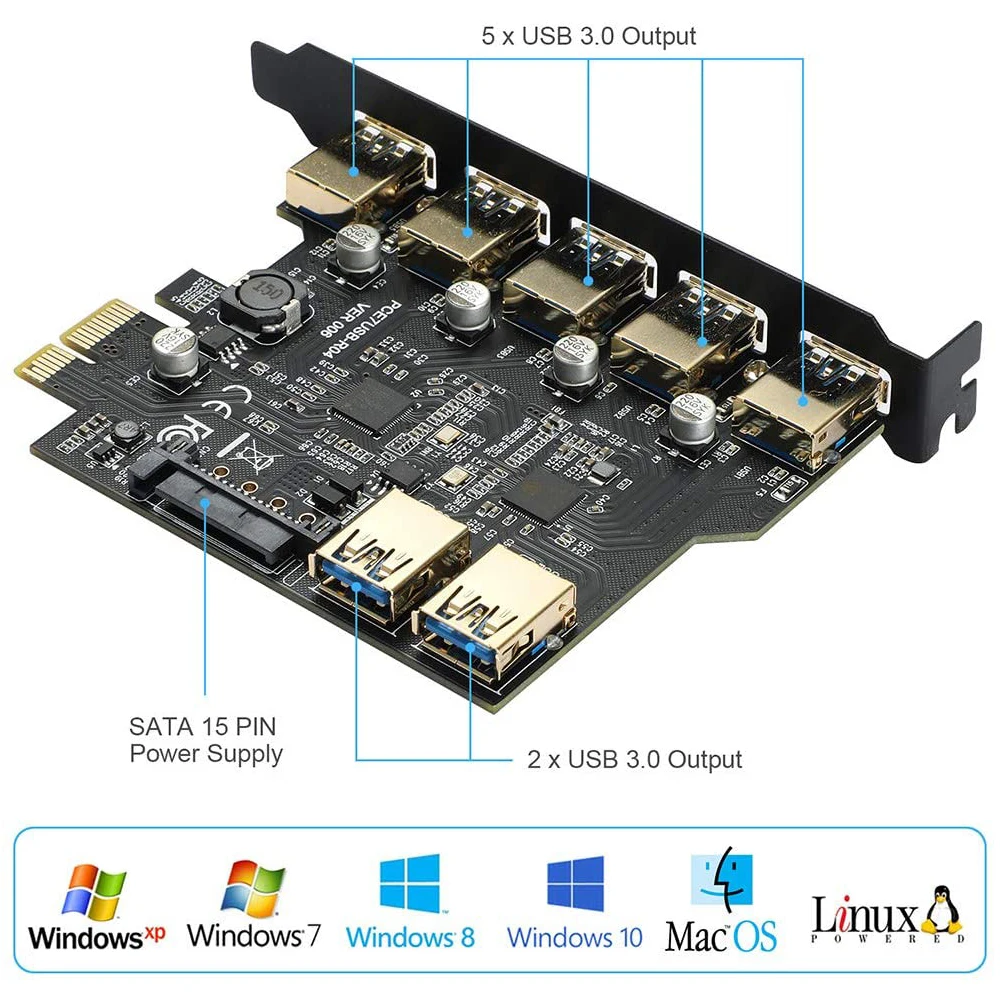 Scheda di espansione PCI Express USB 3.0 a 7 porte con connettore di alimentazione SATA a 15 pin Adattatore PCIE X1 USB 3.0 5 Gbps NEC 720201   + Chip GL3510